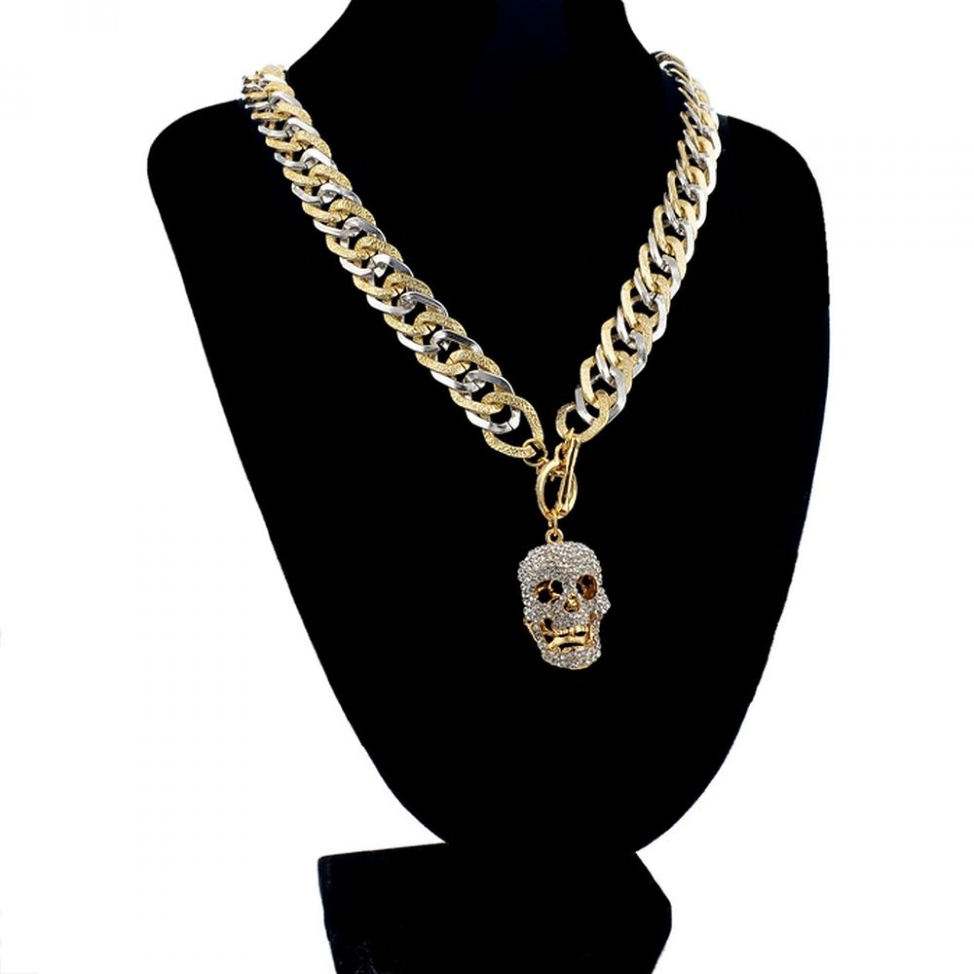 Totenkopf Anhänger mit Halskette Bicolor und Zirkoniasteinen 53cm