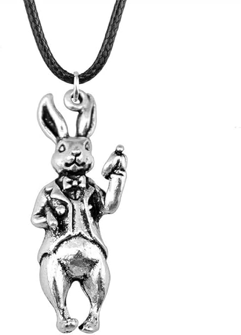 Kaninchen Anhänger Halskette, Silberfarben, Lederband, 3D Hase mit Fliege