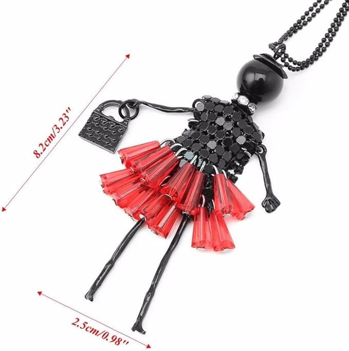 Anhänger putzige Puppe mit Handtasche und Hut - Kleid in Rot mit Halskette