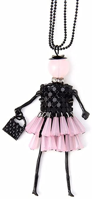 Anhänger putzige Puppe mit Handtasche und Hut - Kleid in Silber mit Halskette